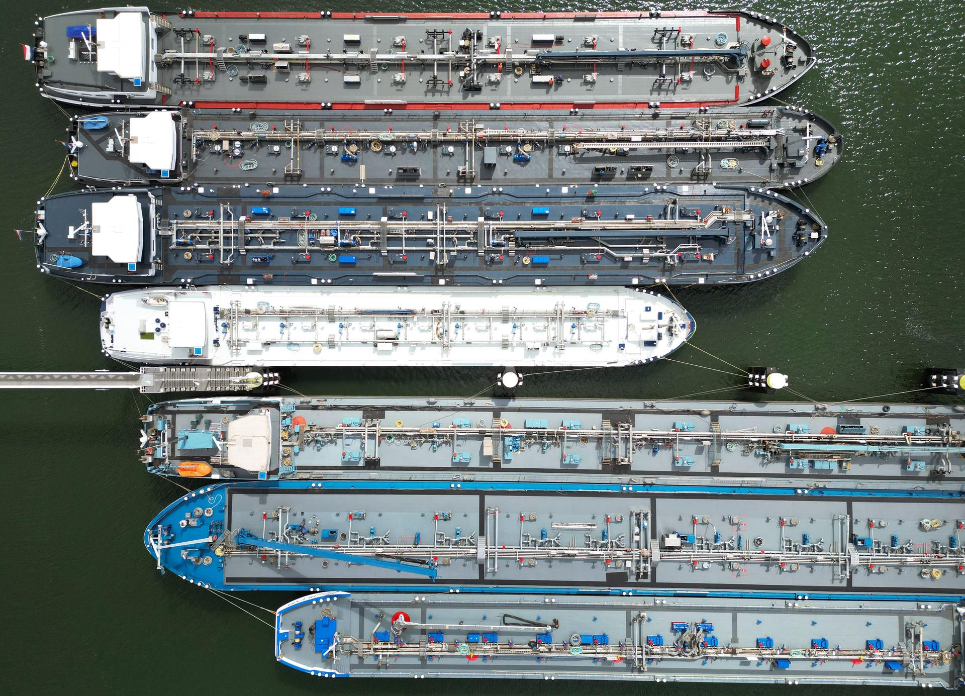 Large oil tankers moored in the port of Rotterdam